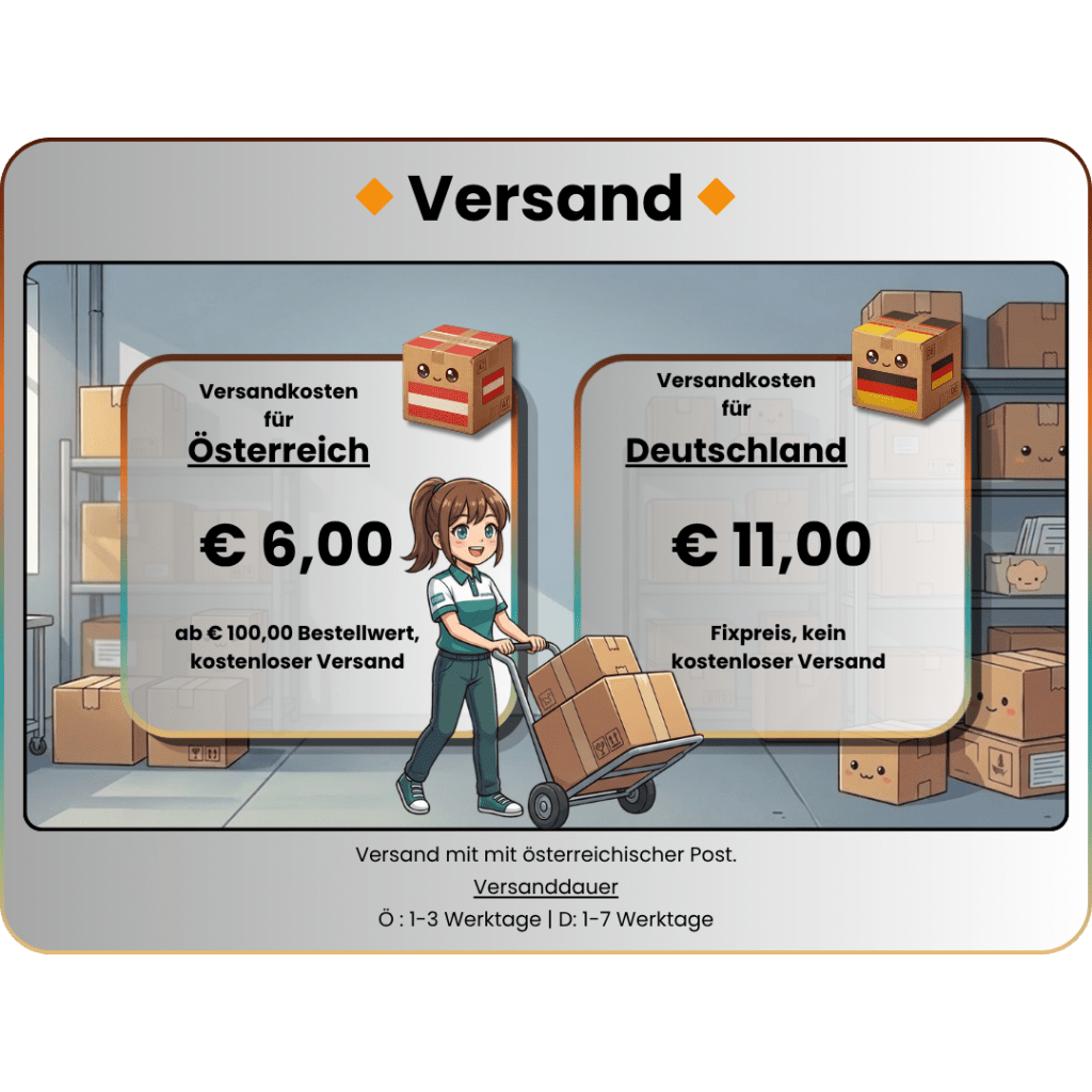 Versandkostenaufstellung, 6 € Österreich, ab 100 € Einkauf kostenloser Versand. 11 € Versand nach Deutschland