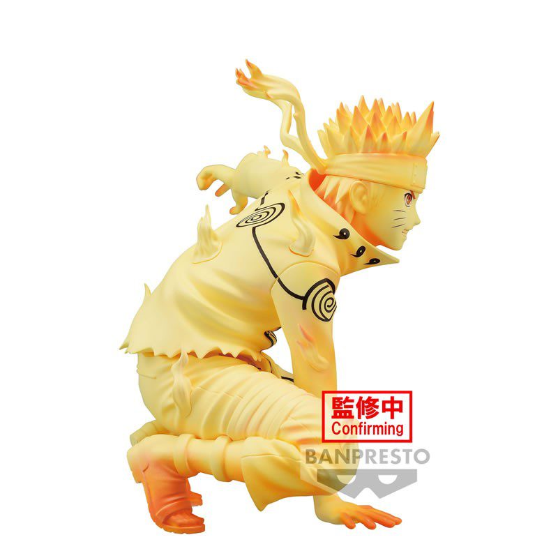 Figur von Naruto Uzumaki im Kurama-Modus, in einer dynamischen Pose mit gelb-orangem, leuchtendem Design und Chakra-Mustern. Im Hintergrund ist Gamabunta, die riesige Kröte, von Rauchwolken umgeben. Perfekt für Fans und Sammler von Naruto.