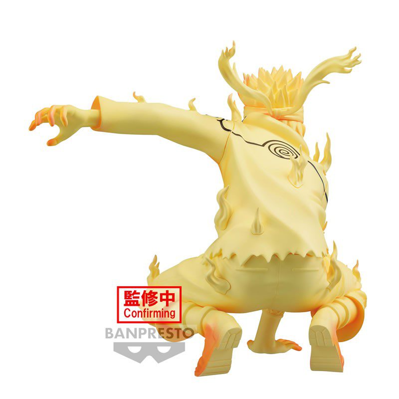Figur von Naruto Uzumaki im Kurama-Modus, in einer dynamischen Pose mit gelb-orangem, leuchtendem Design und Chakra-Mustern. Im Hintergrund ist Gamabunta, die riesige Kröte, von Rauchwolken umgeben. Perfekt für Fans und Sammler von Naruto.
