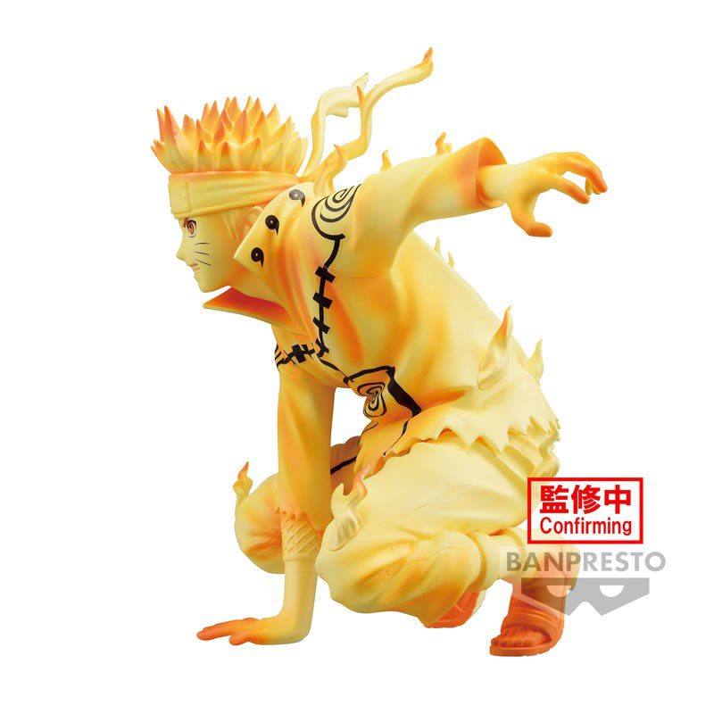 Figur von Naruto Uzumaki im Kurama-Modus, in einer dynamischen Pose mit gelb-orangem, leuchtendem Design und Chakra-Mustern. Im Hintergrund ist Gamabunta, die riesige Kröte, von Rauchwolken umgeben. Perfekt für Fans und Sammler von Naruto.