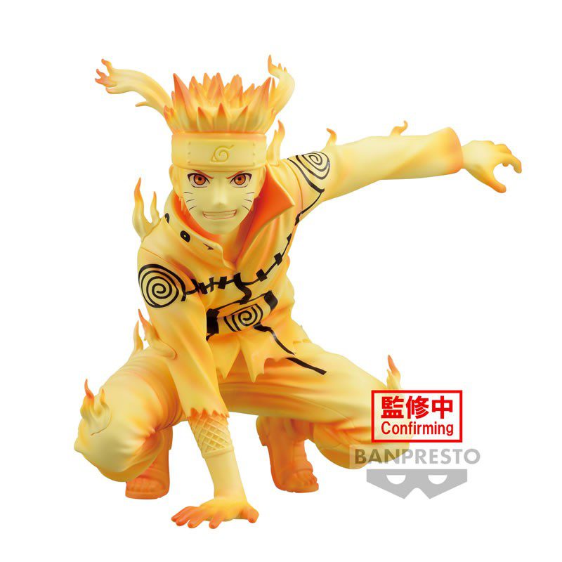 Figur von Naruto Uzumaki im Kurama-Modus, in einer dynamischen Pose mit gelb-orangem, leuchtendem Design und Chakra-Mustern. Im Hintergrund ist Gamabunta, die riesige Kröte, von Rauchwolken umgeben. Perfekt für Fans und Sammler von Naruto.