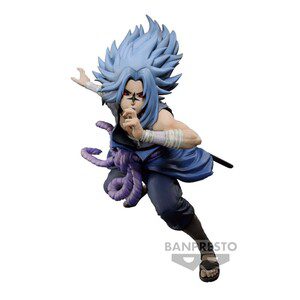 Figur von Sasuke Uchiha aus 'Naruto Shippuden' in einer dynamischen Pose mit markantem, wildem blauen Haar. Er trägt sein klassisches Outfit mit lila Schärpe und ist bereit für den Kampf. Perfekt für Anime-Fans und Sammler.