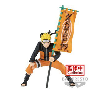 Figur von Naruto Uzumaki in seinem klassischen orangefarbenen Ninja-Outfit. Naruto hält eine orangefarbene Flagge mit der Aufschrift 'NARUTOP99' in einer dynamischen Pose. Perfekt für Anime-Fans und Sammler.