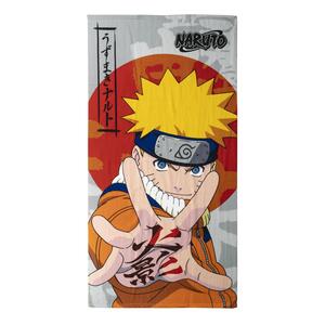 Handtuch mit einem auffälligen Design, das den Anime-Charakter Naruto Uzumaki zeigt. Naruto trägt sein typisches orangefarbenes Outfit und hält eine Hand mit einem Schriftzeichen in den Vordergrund. Im Hintergrund ist ein roter Kreis und das Naruto-Logo abgebildet. Ideal für Anime-Fans