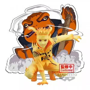 Figur von Naruto Uzumaki im Kurama-Modus, in einer dynamischen Pose mit gelb-orangem, leuchtendem Design und Chakra-Mustern. Im Hintergrund ist Gamabunta, die riesige Kröte, von Rauchwolken umgeben. Perfekt für Fans und Sammler von Naruto.
