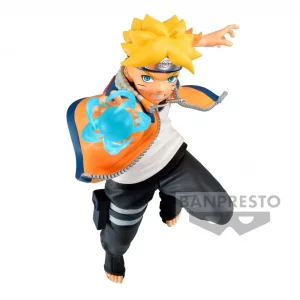 Eine Figur von Uzumaki Boruto mit Rasengan in der rechten Hand. Er trägt eine orange Jacke mit blauem Rand und schwarze Hosen. Boruto ist in dynamischer Kampfpose dargestellt.