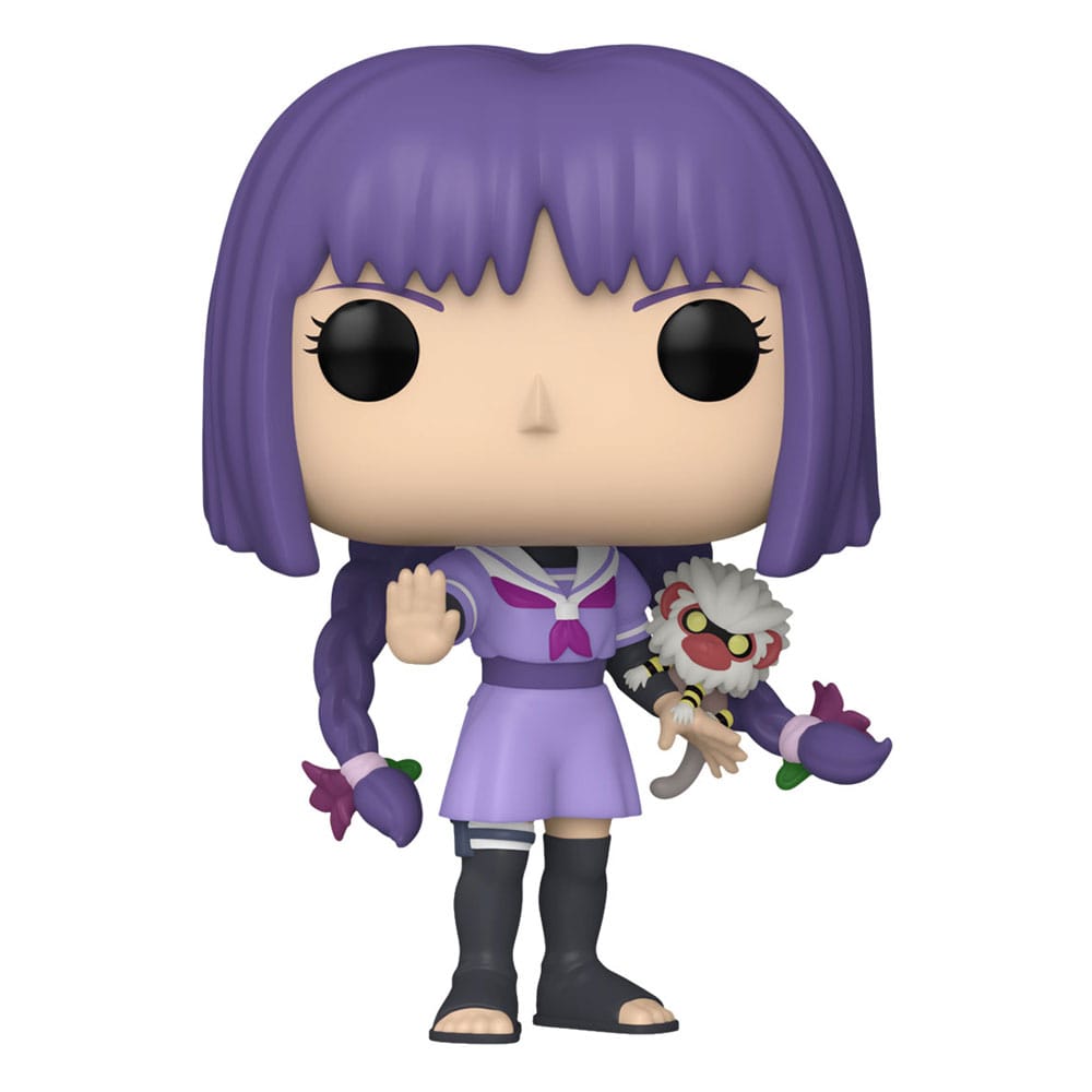 Funko Pop-Figur eines Charakters mit lila Haaren, gekleidet in einer lila Schuluniform mit rosa Details. Die Figur hält eine kleine Affenfigur mit roten Augen und Blumen in den Händen. Perfekt für Fans und Sammler.