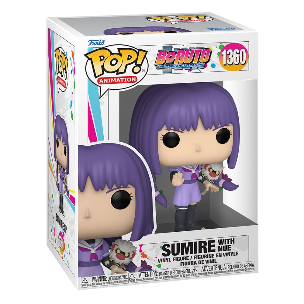Funko Pop-Figur eines Charakters mit lila Haaren, gekleidet in einer lila Schuluniform mit rosa Details. Die Figur hält eine kleine Affenfigur mit roten Augen und Blumen in den Händen. Perfekt für Fans und Sammler.