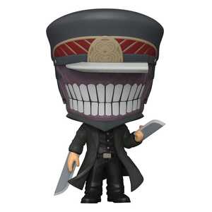 Hier ist die "Chainsaw Man" Figur vom Schwert-Teufel (Katana Man) – eine Funko Pop! Figur mit seinem ikonischen Hut, dem breiten, zahnbewehrten Grinsen und zwei scharfen Katanas.