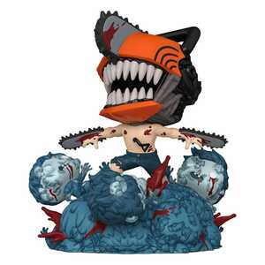 Denji in seiner Chainsaw-Man-Form, umgeben von besiegten Dämonen, mit blutverschmierten Kettensägenarmen und dynamischer Pose.
