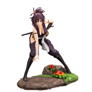 Hochwertige Scale-Figur von Yuzuriha aus Hell’s Paradise, in einer dynamischen Kampfpose mit Ninja-Kleidung auf einem detaillierten Diorama-Base mit Blumen.