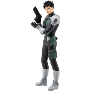 Eine Figur von Hibino Kafka aus Kaiju No. 8 in taktischer Kampfkleidung mit Pistole in der Hand. Er steht auf einer runden Basis in angespannter Pose, bereit zum Einsatz.