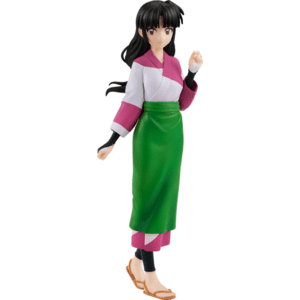 Eine Figur von Sango aus InuYasha, gekleidet in ein traditionelles Outfit mit grünem Rock und rosa Oberteil. Sie steht auf einer runden Basis mit einer anmutigen Haltung und einem sanften Lächeln.
