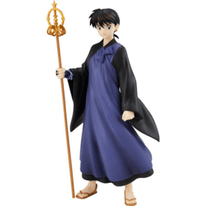 Figur von Miroku aus Inuyasha in Mönchskleidung mit Stab, stehend auf einer Base.