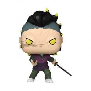 Funko Pop!-Figur von Shinazugawa Genya aus Demon Slayer. Er steht kampfbereit mit Pistole und Schwert, hat gelbe Augen, markante Narben im Gesicht und schwarze Haare mit gelben Spitzen.