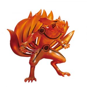 Anime-Figur von Kurama in Chakra-Mode mit geöffnetem Maul, neun Schwänzen und kräftigen Orangetönen.