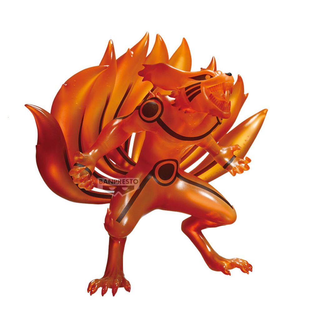 Anime-Figur von Kurama in Chakra-Mode mit geöffnetem Maul, neun Schwänzen und kräftigen Orangetönen.