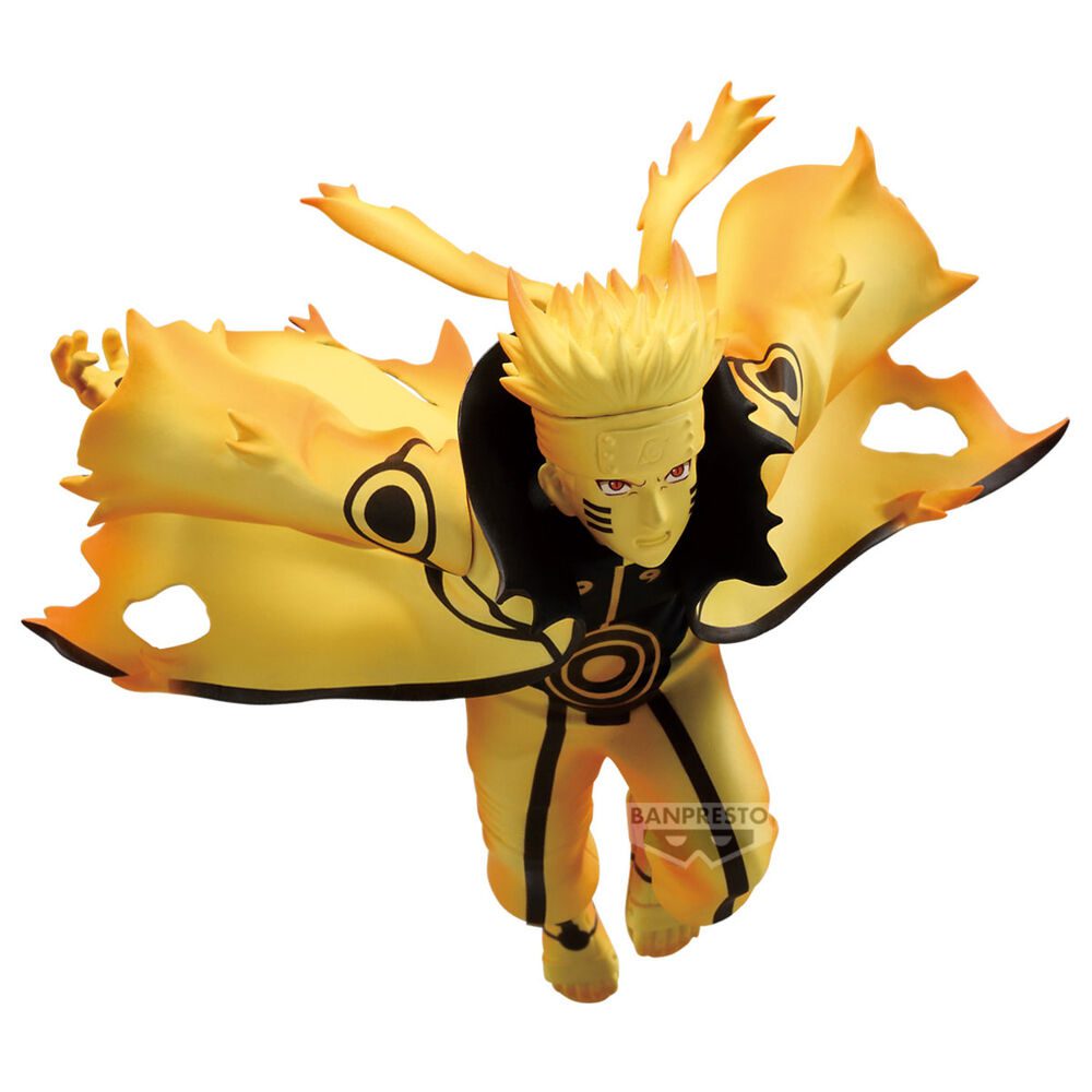 Anime-Figur von Uzumaki Naruto in Kurama-Chakra-Mode mit wehendem gelben Mantel und dynamischer Pose.