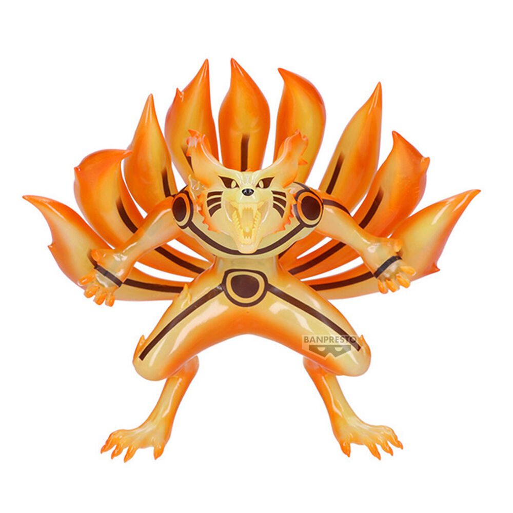 Anime-Figur von Kurama in Chakra-Mode mit neun flammenden Schwänzen und dynamischer Pose.