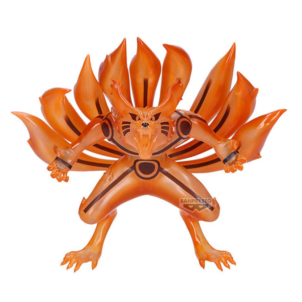 Anime-Figur von Kurama in Chakra-Mode mit geöffnetem Maul, neun Schwänzen und kräftigen Orangetönen.