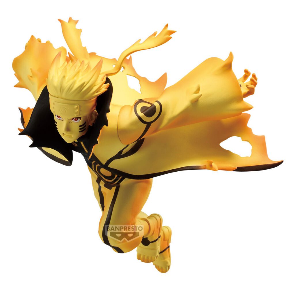 Anime-Figur von Uzumaki Naruto in Kurama-Chakra-Mode mit wehendem gelben Mantel und dynamischer Pose.