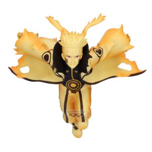 Anime-Figur von Uzumaki Naruto in Kurama-Chakra-Mode mit wehendem gelben Mantel und dynamischer Pose.