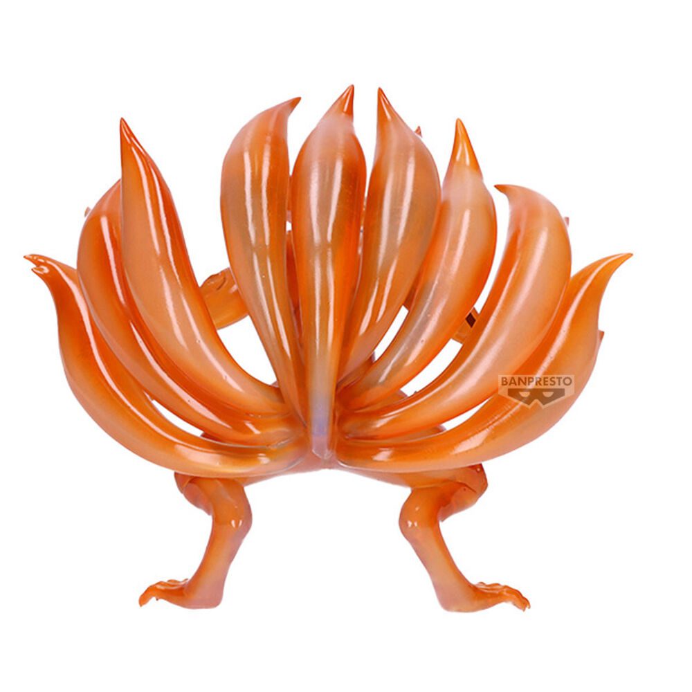 Anime-Figur von Kurama in Chakra-Mode mit geöffnetem Maul, neun Schwänzen und kräftigen Orangetönen.