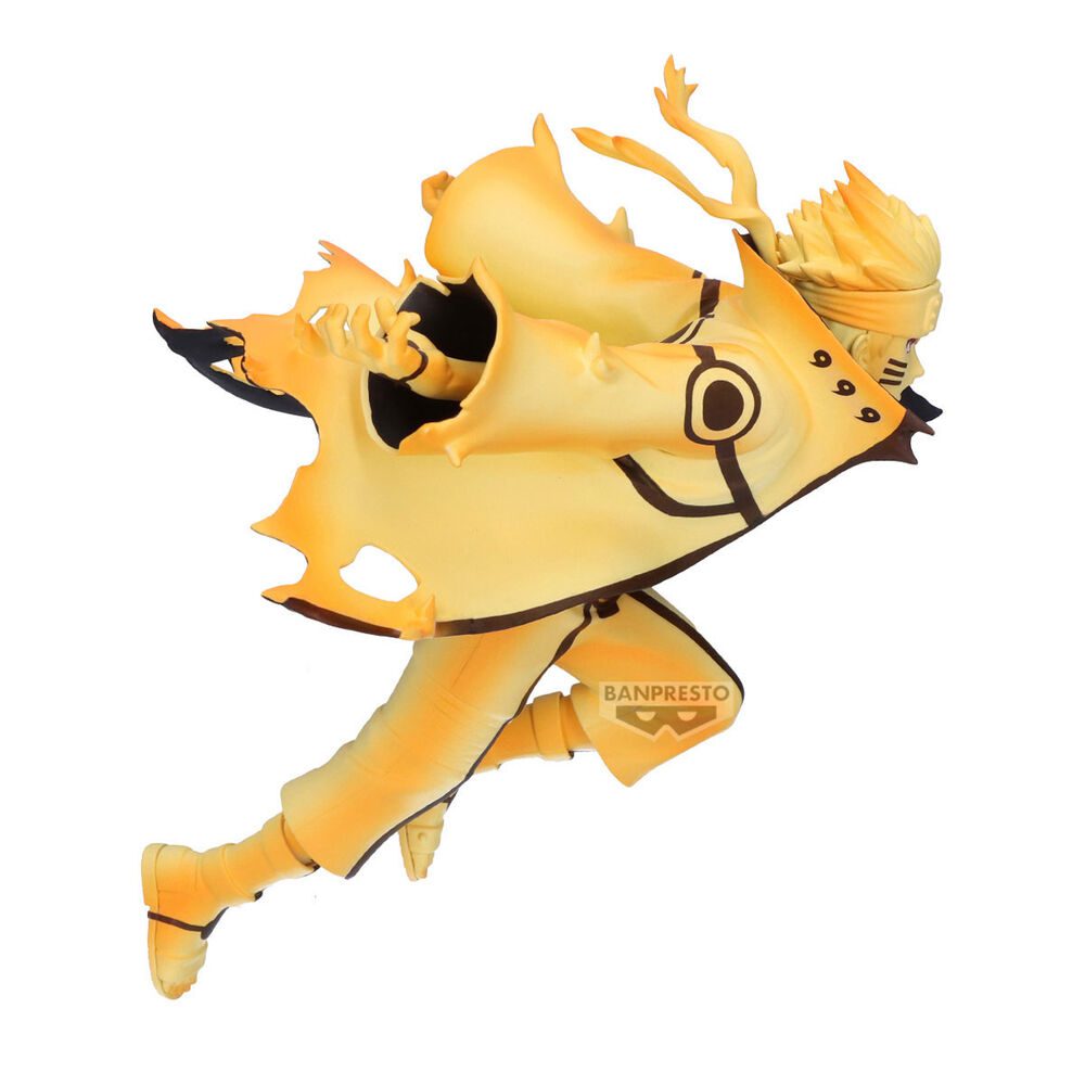 Anime-Figur von Uzumaki Naruto in Kurama-Chakra-Mode mit wehendem gelben Mantel und dynamischer Pose.