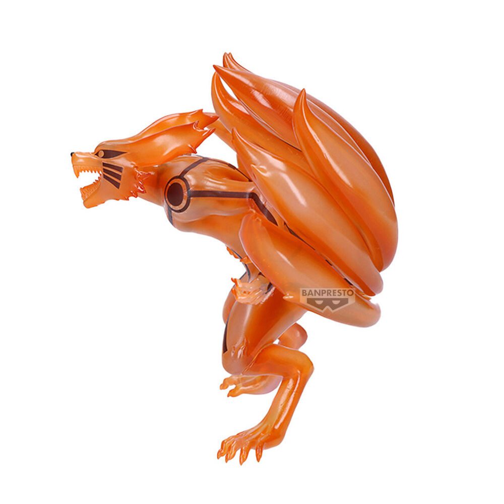 Anime-Figur von Kurama in Chakra-Mode mit geöffnetem Maul, neun Schwänzen und kräftigen Orangetönen.