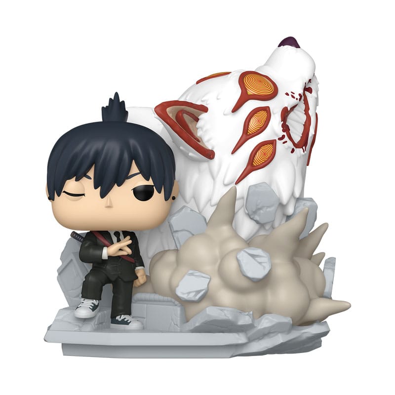 Funko POP! Moment Figur von Aki Hayakawa mit dem Fuchsdämon aus Chainsaw Man.