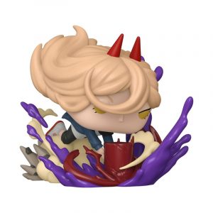 Funko POP! Deluxe Figur von Power aus Chainsaw Man mit roten Hörnern und dynamischen Bluteffekten.