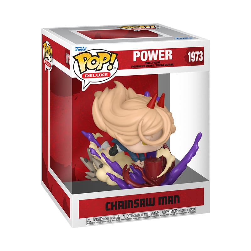 Funko POP! Deluxe Figur von Power aus Chainsaw Man mit roten Hörnern und dynamischen Bluteffekten.