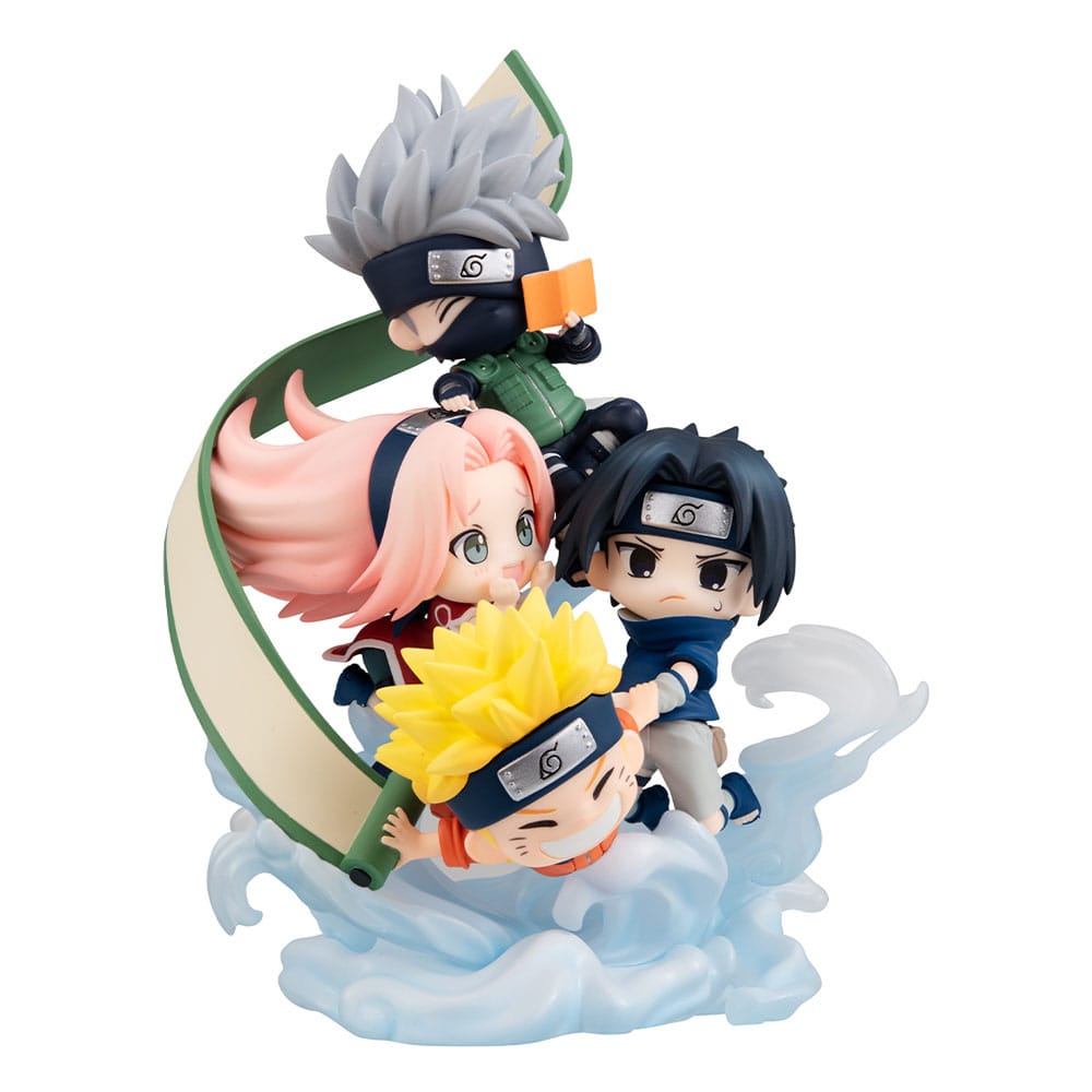 Chibi-Figurenset von Team 7 aus Naruto mit Naruto, Sasuke, Sakura und Kakashi in dynamischer Pose.
