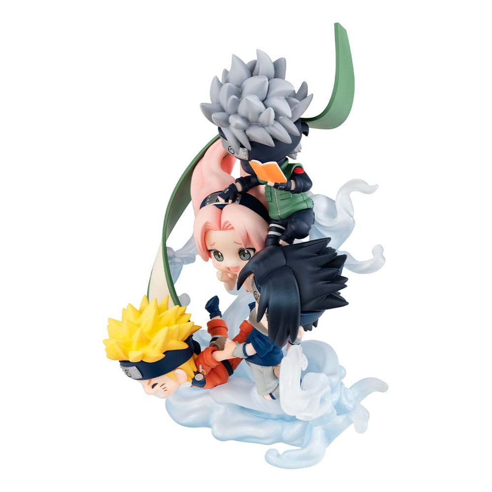 Chibi-Figurenset von Team 7 aus Naruto mit Naruto, Sasuke, Sakura und Kakashi in dynamischer Pose.