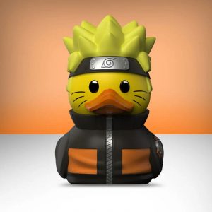 Figur einer Ente im Naruto-Uzumaki-Stil mit Stirnband und orange-schwarzer Jacke.