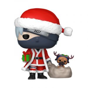 Funko POP! Figur von Hatake Kakashi im Weihnachtskostüm mit Geschenk und Pakkun im Rentierlook.