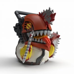 Figur einer Ente im Chainsaw-Man-Stil mit Kettensägenkopf, scharfen Zähnen und blutigen Sägearmen.