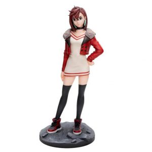 Sammelfigur von Ayase Momo aus Dandadan in roter Jacke und weißem Kleid auf einer grauen Fels-Base vor weißem Hintergrund.