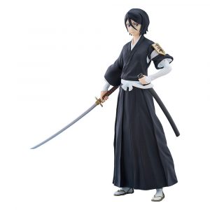 Anime-Sammelfigur von Kuchiki Rukia aus Bleach in schwarzer Shinigami-Uniform mit gezogenem Schwert (Zanpakuto) auf weißem Hintergrund, POP UP PARADE Serie.