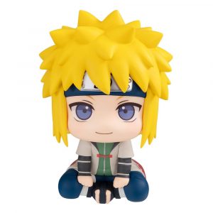 Niedliche Chibi-Sammelfigur von Minato Namikaze aus Naruto Shippuden in sitzender Pose mit aufblickendem Gesicht, gelben Haaren und blauen Augen, Look Up Serie.