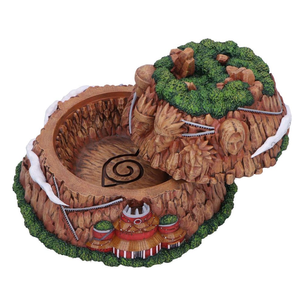 Zweiteilige Aufbewahrungsbox in Form des Hokage-Felsens aus Naruto mit den Gesichtern der Hokage und dem roten Verwaltungsgebäude vor weißem Hintergrund.