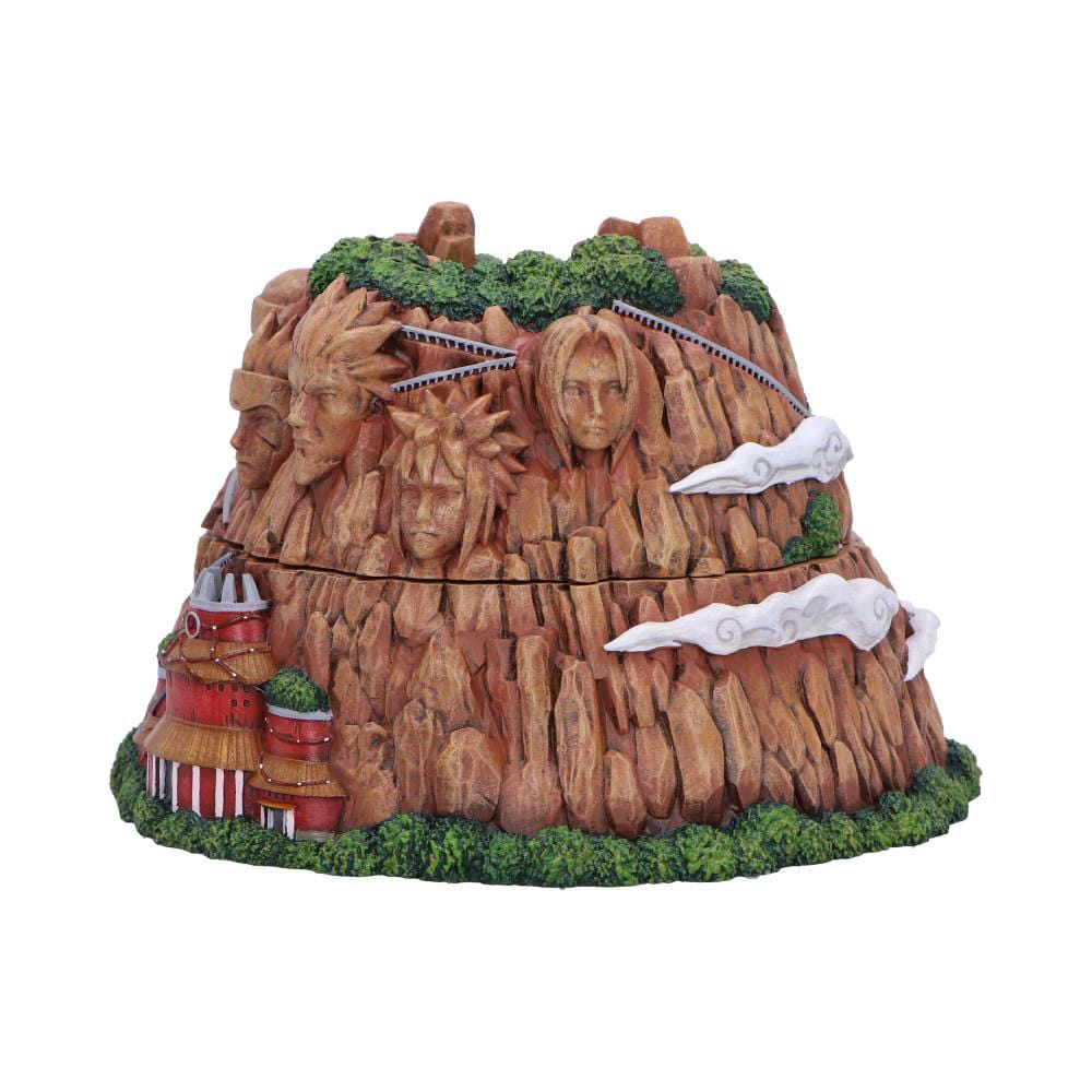 Zweiteilige Aufbewahrungsbox in Form des Hokage-Felsens aus Naruto mit den Gesichtern der Hokage und dem roten Verwaltungsgebäude vor weißem Hintergrund.