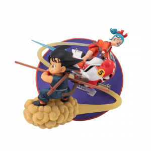 Sammelfigur von Bulma im orangen Outfit auf einem Motorrad und Son Goku auf seiner fliegenden Wolke vor einem runden violetten Hintergrund.
