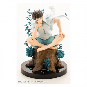 Hochwertige Sammelfigur von Oikawa Tōru aus Haikyu!! mit weißem Umhang, sitzend auf einem Baumstumpf mit schwarzen Krähen.