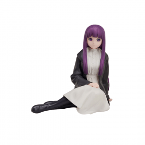 Sitzende Sammelfigur von Fern mit langem violettem Haar, weißem Kleid und schwarzem Mantel in entspannter Haltung.