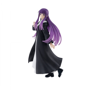Sammelfigur von Fern in schreitender Pose mit wehendem schwarzen Mantel, weißem Kleid und langem violettem Haar auf einer transparenten Base.