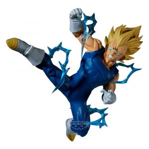 Figur von Majin Vegeta in einer fliegenden Tritt-Pose, umgeben von blauen Blitzeffekten und mit dem Majin-Symbol auf der Stirn.