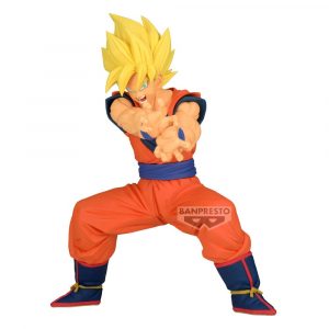 Sammelfigur von Super-Saiyajin Son Goku in einer Kamehameha-Pose mit orangefarbenem Kampfanzug und goldenen Haaren.