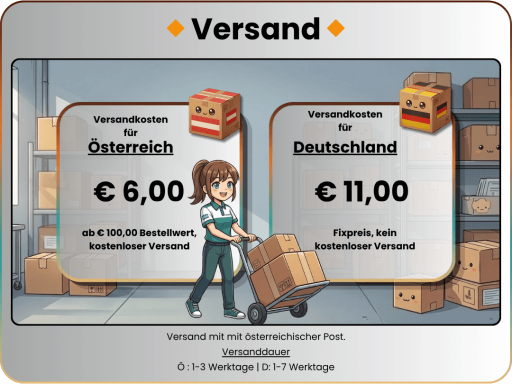 Versandkostenaufstellung, 6 € Österreich, ab 100 € Einkauf kostenloser Versand. 11 € Versand nach Deutschland