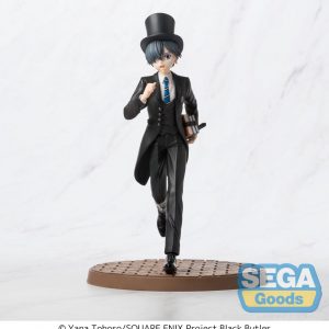 Sammelfigur von Ciel Phantomhive in schwarzer Internats-Uniform mit Zylinder und Büchern, laufend auf einer Kopfsteinpflaster-Base.